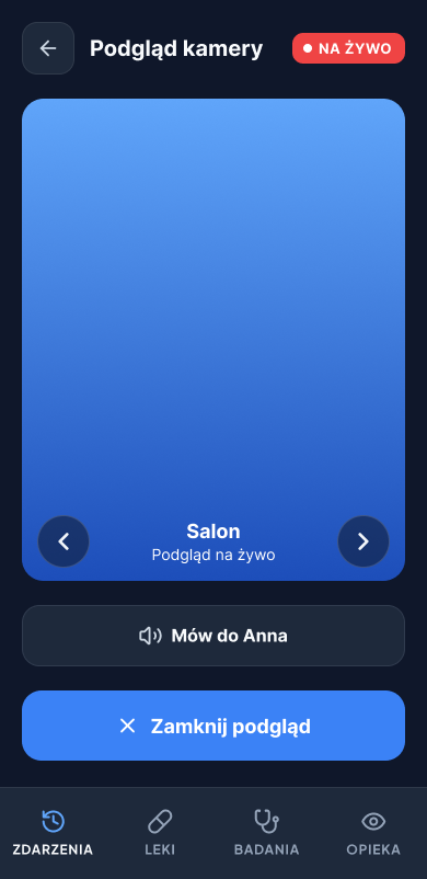 Podgląd kamery na żywo w Ambient Care z przyciskiem „Mów do Anny”