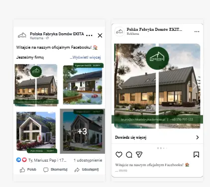 Podgląd reklamy w feedzie Facebooka / Instagrama