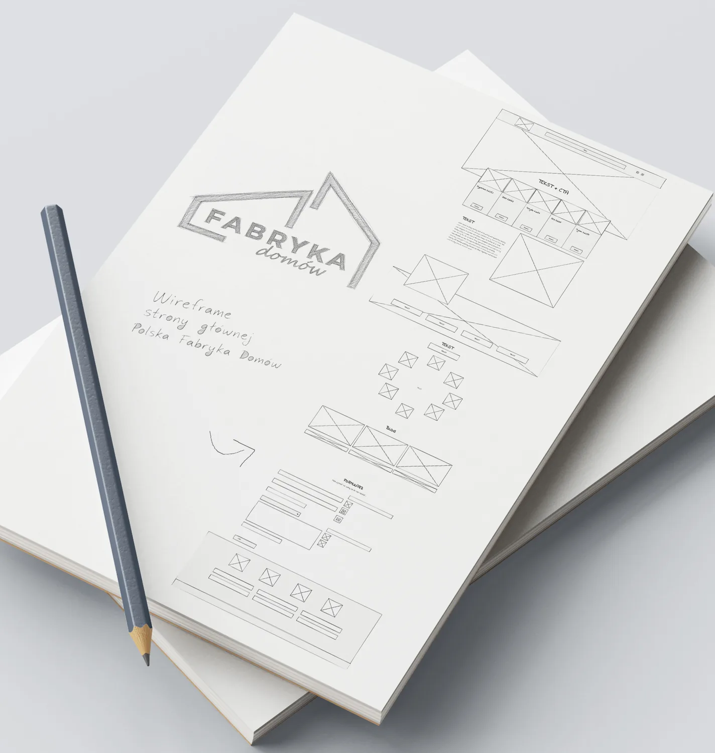 Wireframe strony głównej Polska Fabryka Domów — szkic na papierze