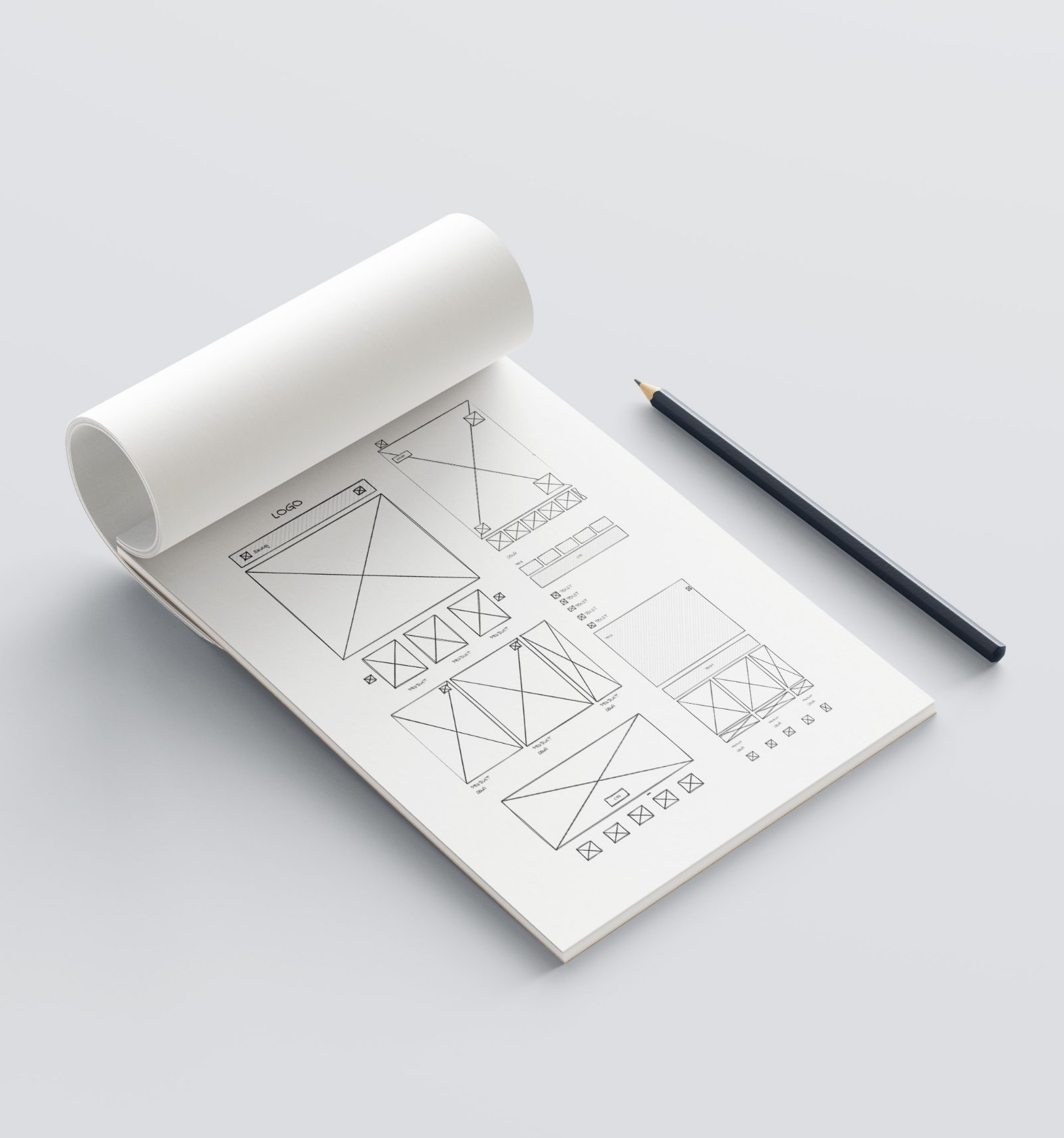 Szkicownik z wireframe'ami ścieżki użytkownika w serwisie Top Secret
