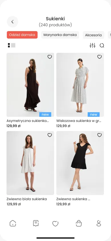Listing „Sukienki”, 240 produktów — filtry i sortowanie stłoczone w jednym rzędzie (P1, P2)